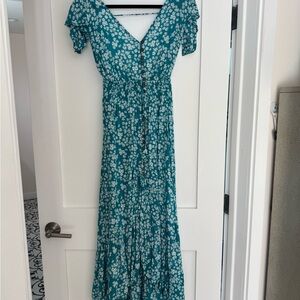 Tiare Hawaii Blue Floral Backless Halter Maxi Dress - Size S/M